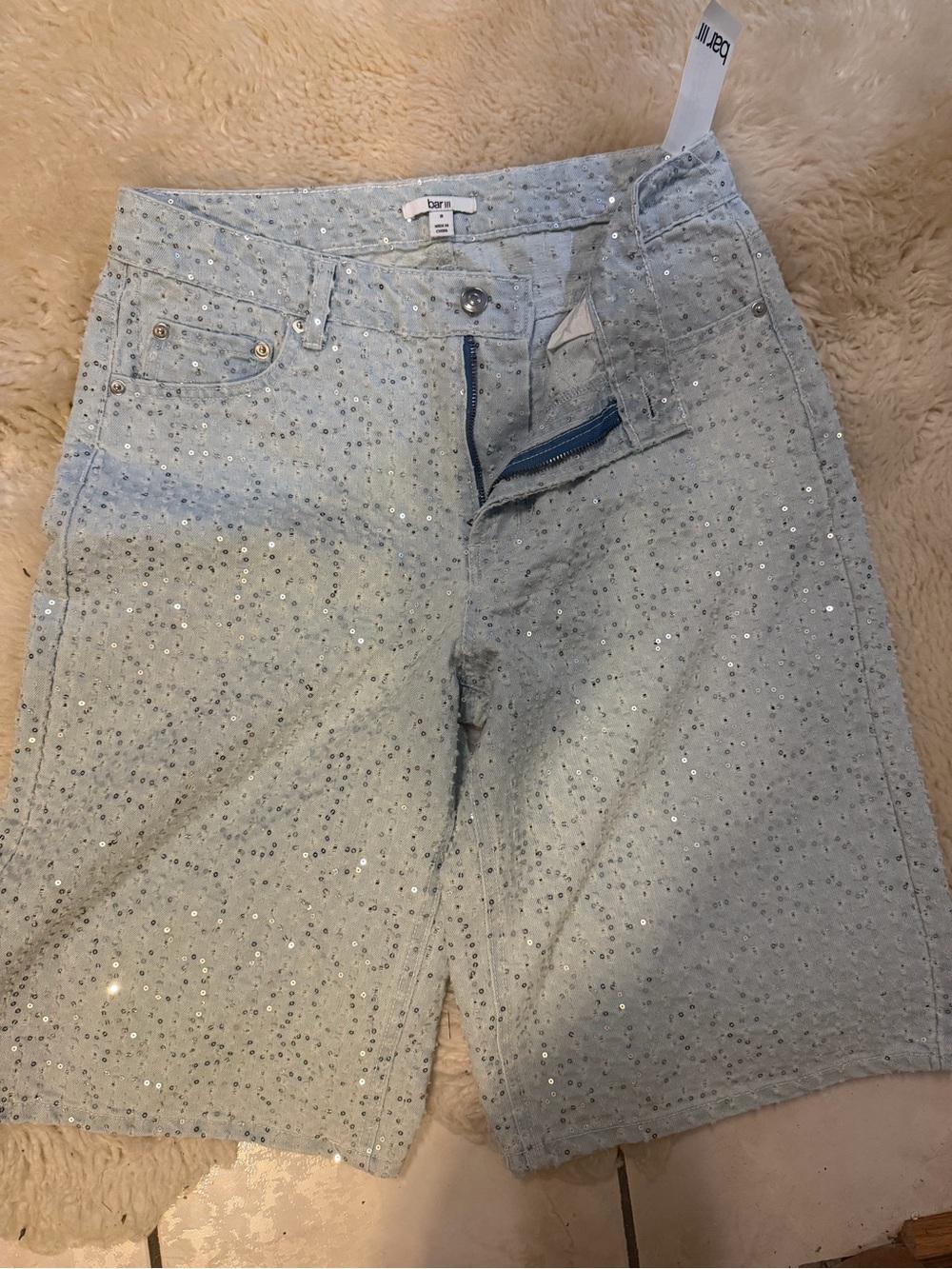 Bar III Light Blue Sequin High-Rise Denim Shorts and Jacket Set - Picture 3 of 7